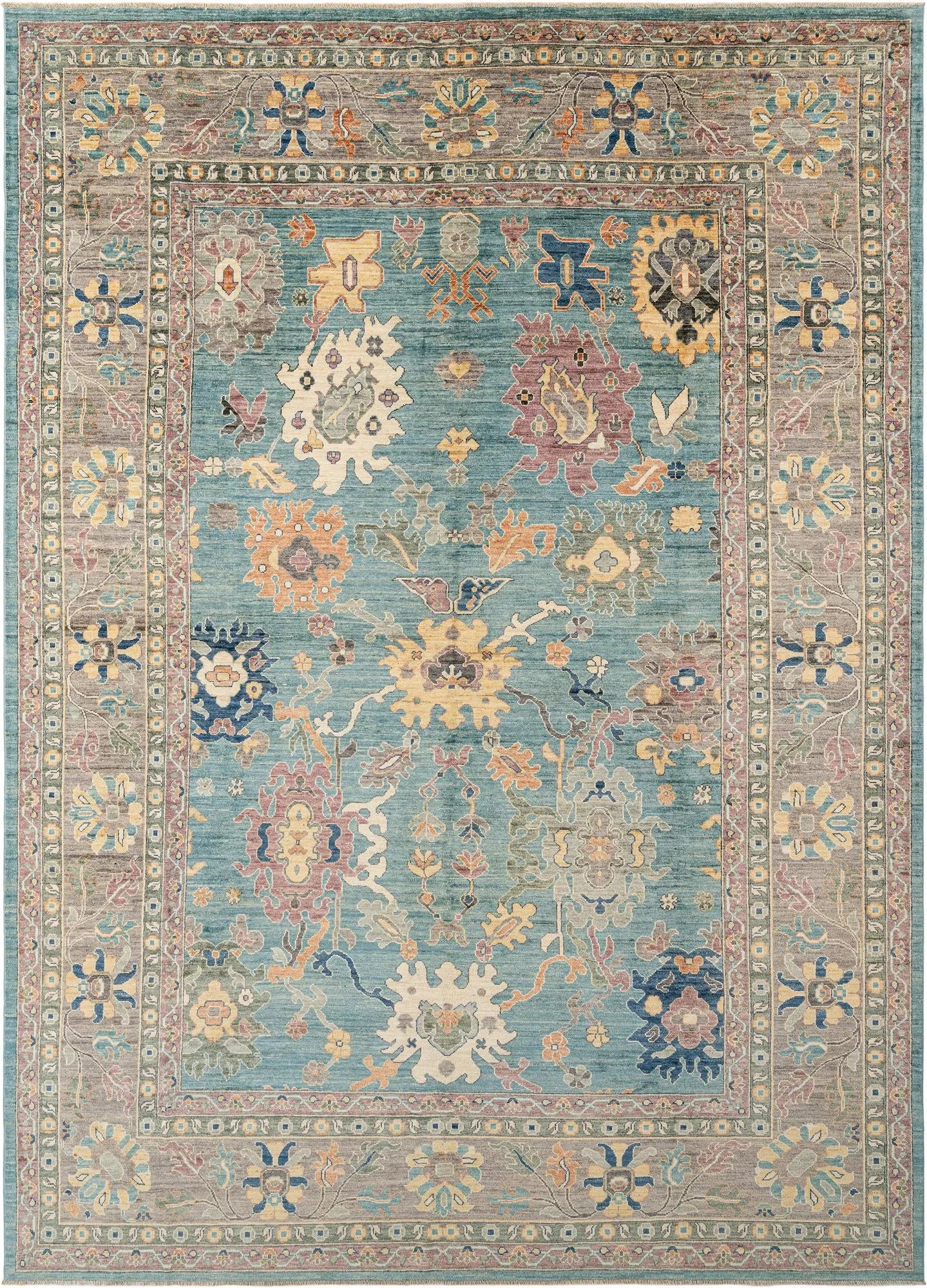 Light Aqua Color Oushak Hand-Knotted Wool Carpet | Handcrafted in India