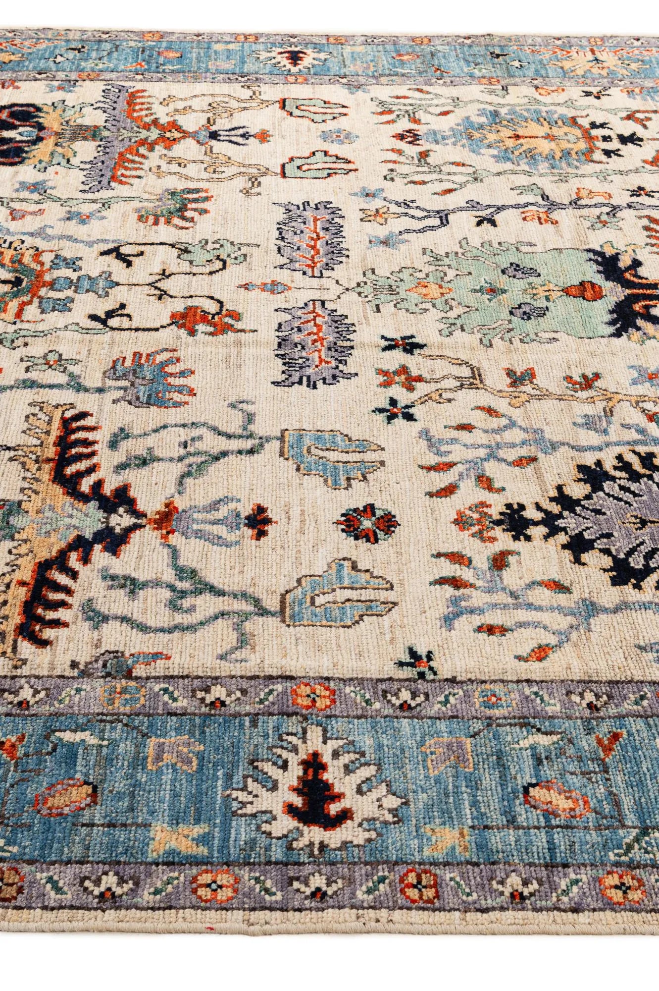 Cream Oushak Hand-Knotted Wool Carpet | Handcrafted in India