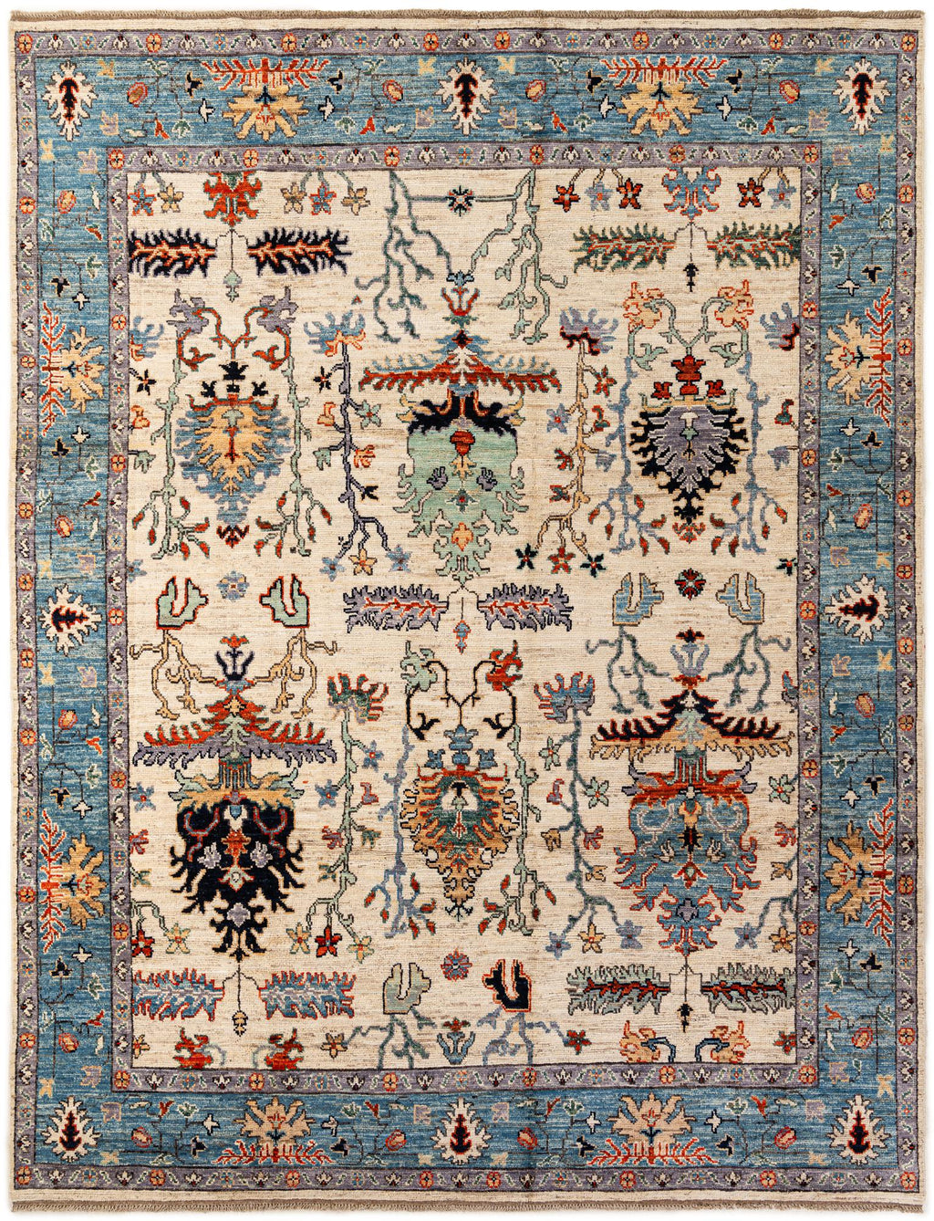 Cream Oushak Hand-Knotted Wool Carpet | Handcrafted in India