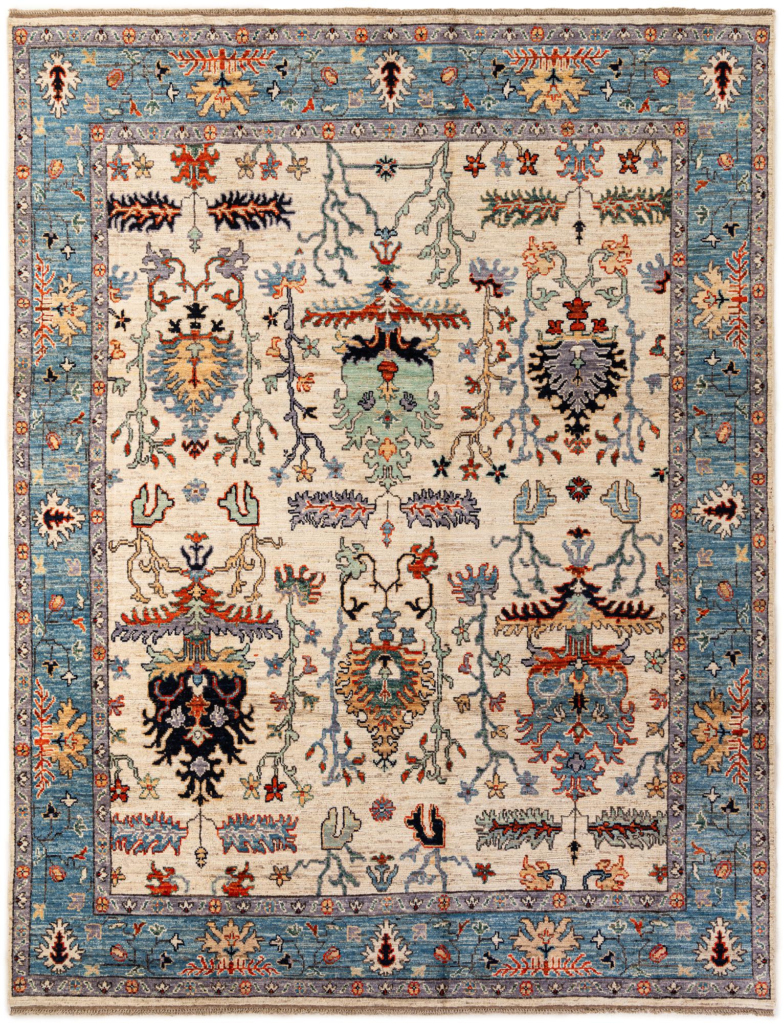 Cream Oushak Hand-Knotted Wool Carpet | Handcrafted in India